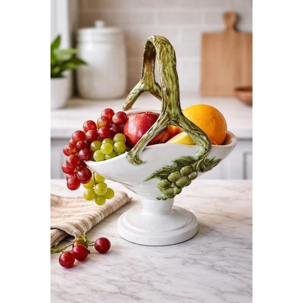 Vintage Grape Vine Handle Basket Planter White Pedestal MCM Style 12"‎